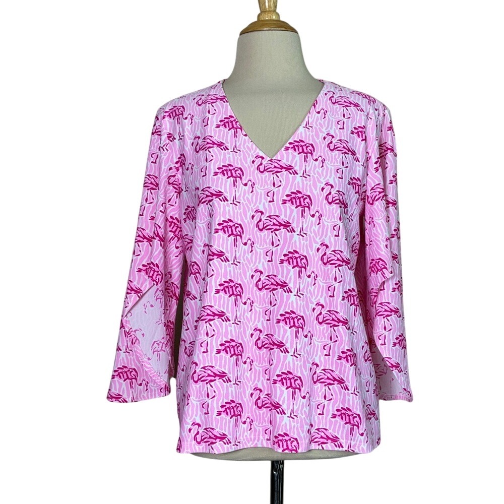 JUDE CONNALLY Women Small Pink White Jude Cloth Flamingo Daniella Top Vneck